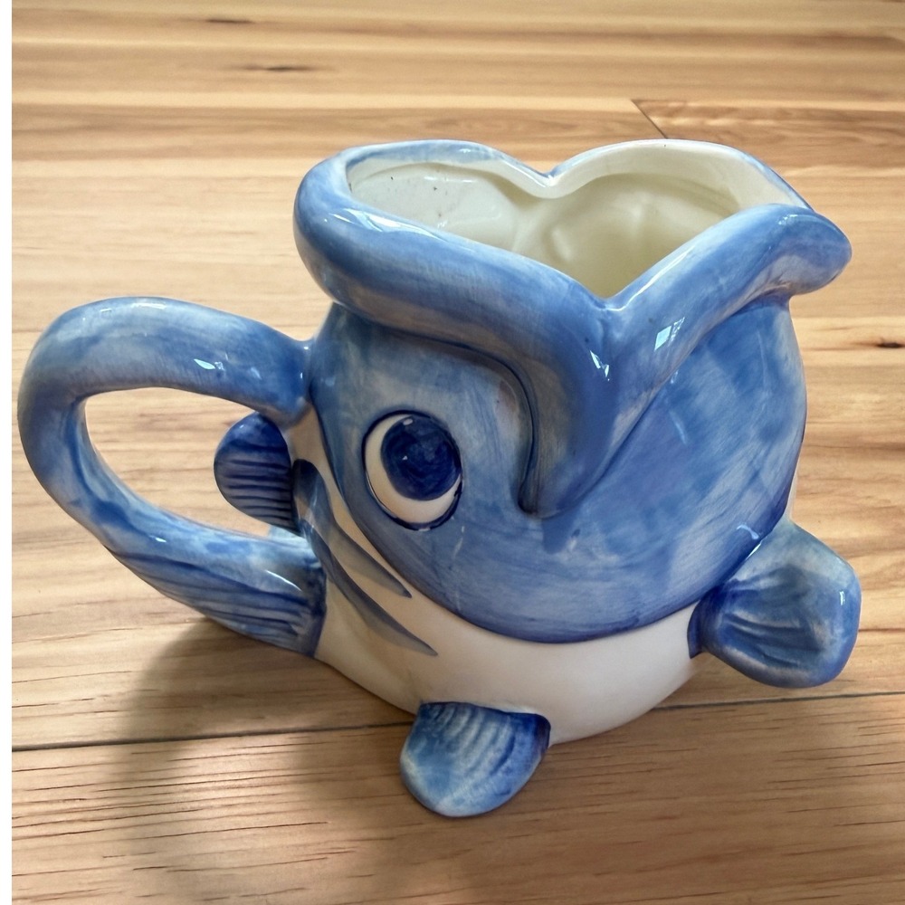 WCL Fish Creamer Pitcher Vintage 80s Blue White Ceramic Chinoiserie Kitschy